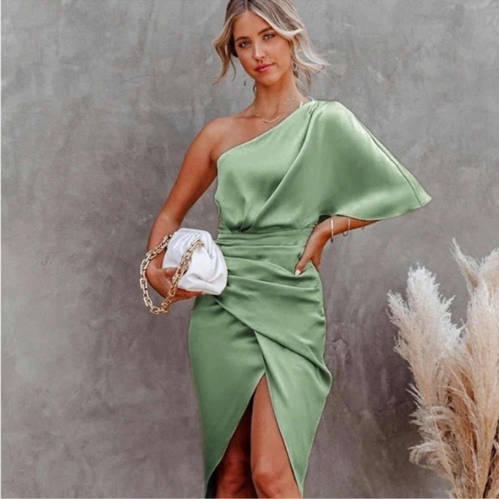 Cupshe One-Shoulder Satin Dress in Sage